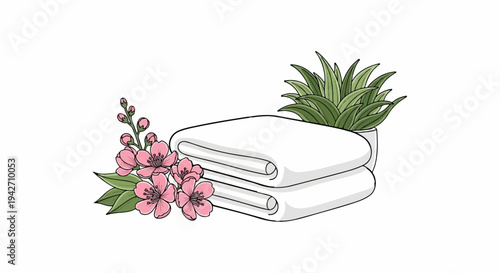 Soft white towels beside a potted succulent and pink blossoms