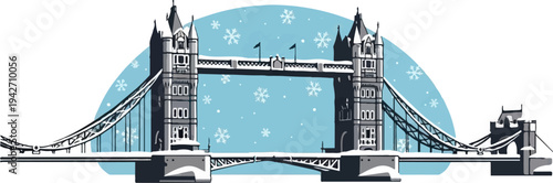 Iconic bridge in London covered in snow and falling snowflakes
