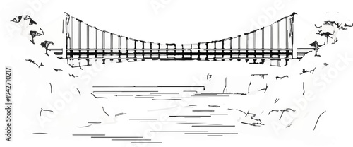 Stylized ink sketch of a suspension bridge spanning a river with trees