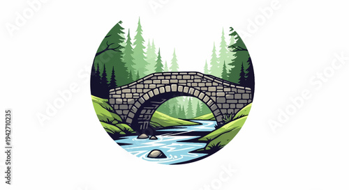 Stone arched bridge spans a flowing river through a forest