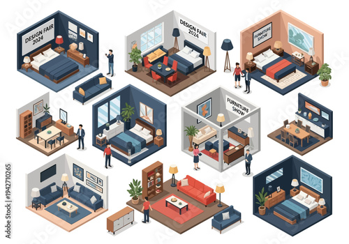 Collection of isometric interior design scenes showcasing furniture and home decor arrangements