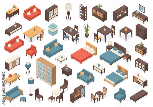 Collection of isometric furniture and home decor elements for interior design visualization