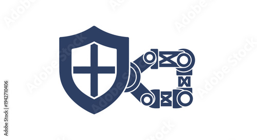Robotic Arm Holding a Shield with a Cross Symbol.