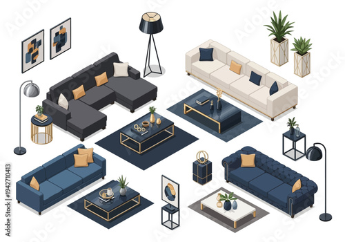 Isometric interior design of modern living room furniture in blue and beige with gold accents