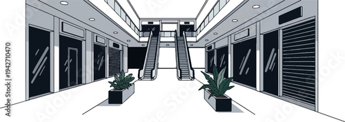 Stylized perspective of a modern indoor shopping mall walkway with escalators and storefronts