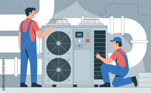 Professional HVAC technicians collaborate to inspect and service a large outdoor air conditioning unit