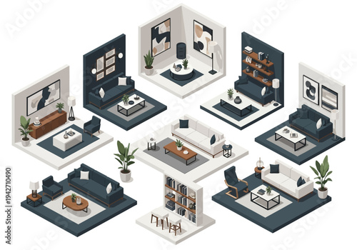 Isometric living room layouts with modern furniture and decor in a sophisticated color palette