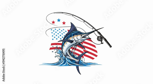 Marlin leaps from waves with fishing rod and US flag