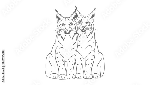 Lynx Pair Monochrome Sketch: Two Eurasian lynx sit side-by-side, their features elegantly rendered in a monochrome line sketch, capturing their distinctive looks.