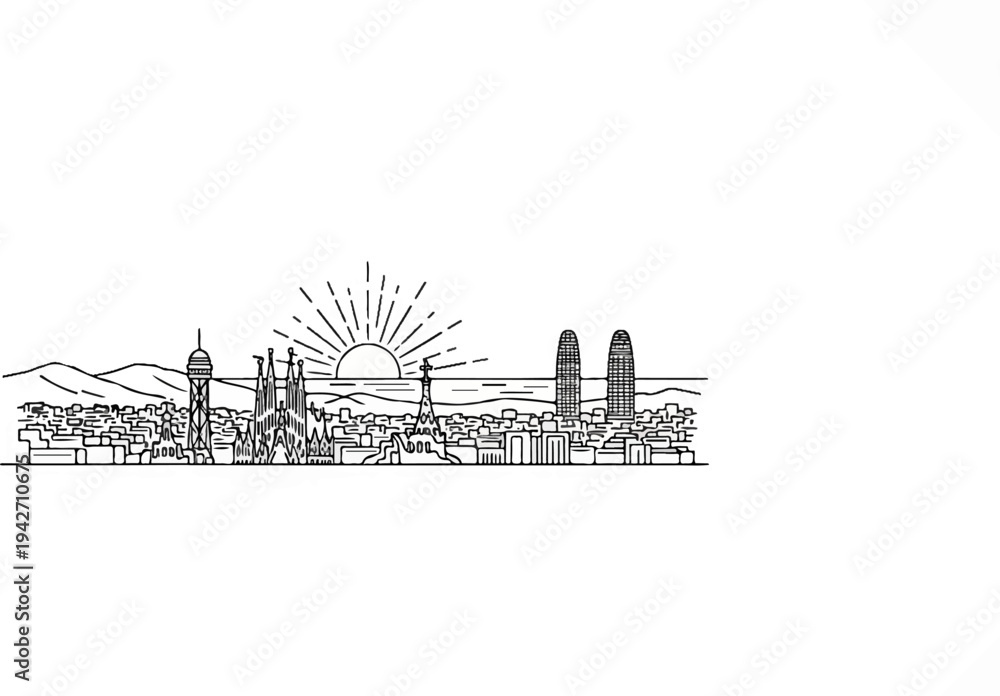 Obraz premium Stylized line art skyline featuring iconic structures and a radiant sun above