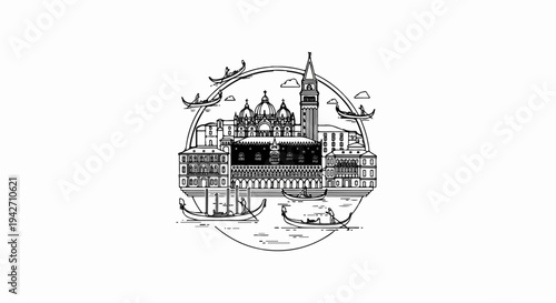 Stylized line art depicting Venetian buildings and gondolas within a circular frame