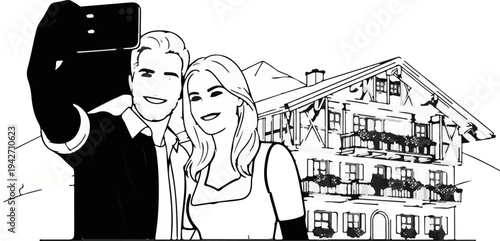 Couple taking a selfie in front of a quaint, multi-story building