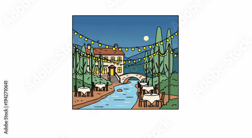 Cozy nighttime riverside dining with string lights, a bridge, and a charming house