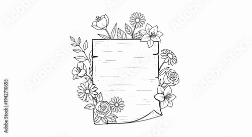 Blank scroll framed by diverse blooming flowers and leaves