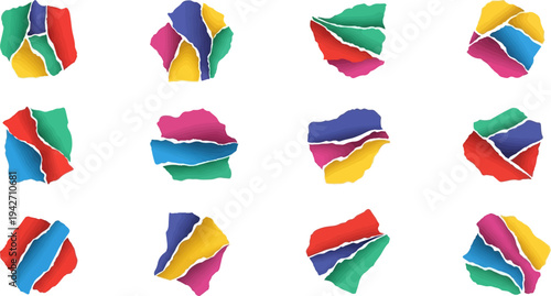 Colorful torn paper abstract shapes with a layered, dynamic appearance