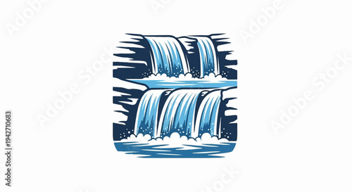 Two tiered waterfall flowing into pool, dark blue rocks