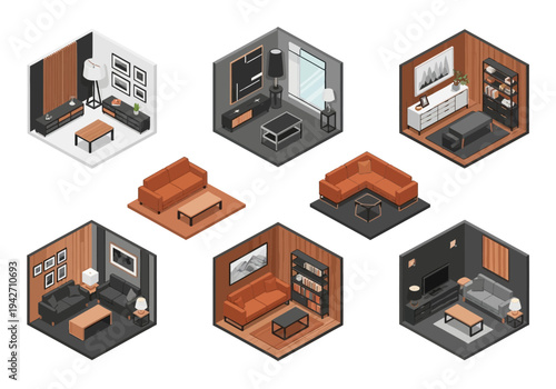 Isometric living room interior designs with modern furniture and decor