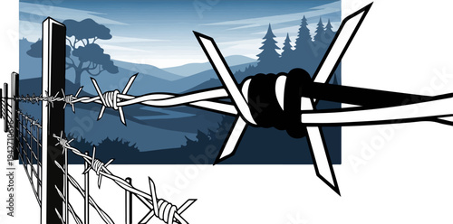 Barbed wire fence cuts across a serene landscape under a twilight sky