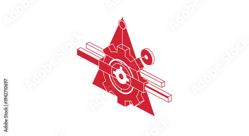 Red Abstract Geometric Industrial Gear Symbol.