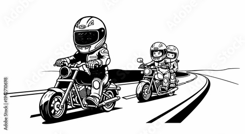 Stylized riders in helmets on motorcycles on a winding road