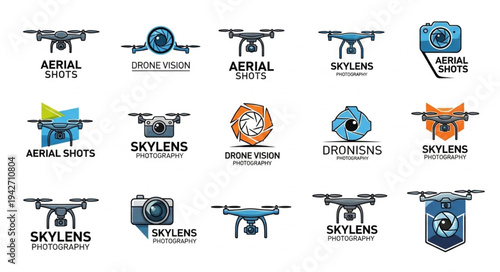 Collection of drone and camera-themed logo designs for aerial photography.