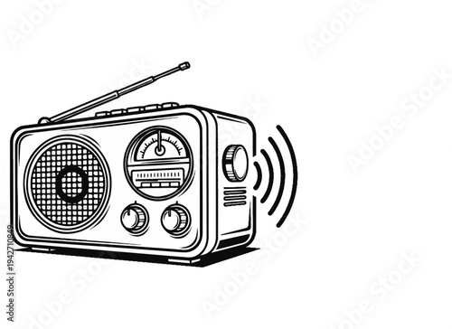 Vintage radio broadcasting sound waves with antenna and dial