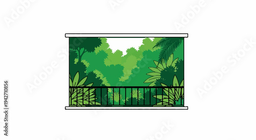 Balcony view overlooking lush green trees, with railing