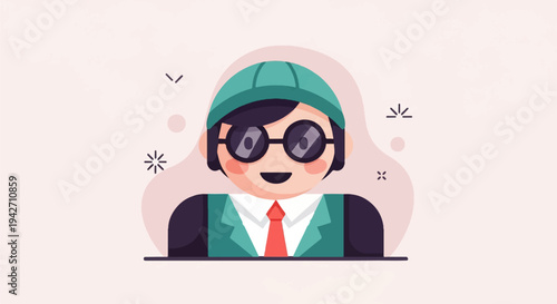 Animated character with glasses, cap, and tie on a light background