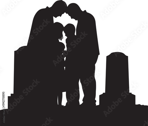 A family mourning at a tombstone in a vector silhouette illustration line art