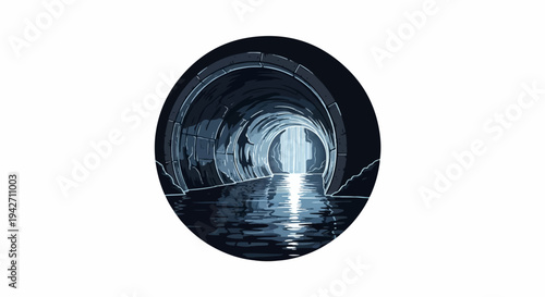 Pixel art of a dark, circular tunnel with water reflecting bright light at the end