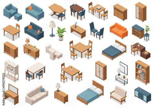 Isometric furniture collection modern sofas, beds, tables, and cabinets for home and office