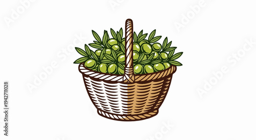 A woven basket overflows with ripe green olives and leaves