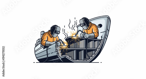 Workers in protective gear weld together a cutaway section of a metal structure