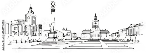 Black and white sketch of a grand square with ornate buildings and a statue