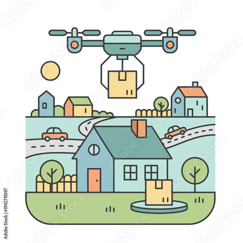 Drone Delivering Package to House.