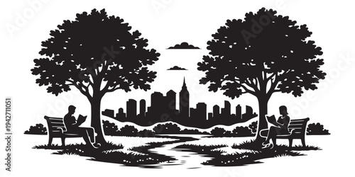 City Park Weekend Relaxation Scene Silhouette, Silhouette Vector, Isolated on White Background