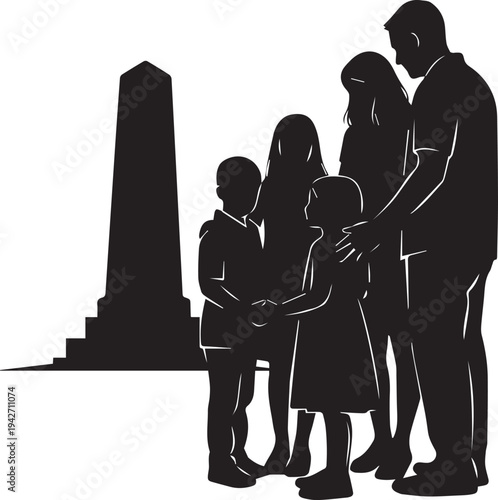 Family at memorial monument vector silhouette illustration, line art remembrance scene