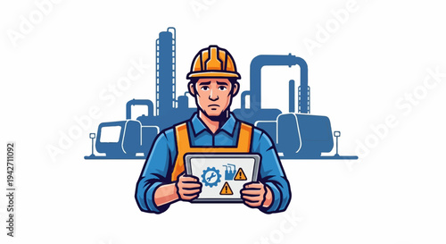 Worried industrial worker holds tablet displaying warnings in front of refinery