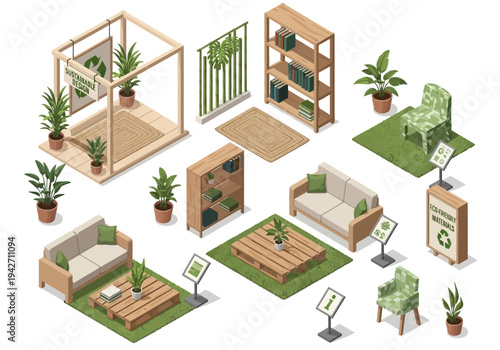 Isometric eco-friendly furniture and decor set for sustainable living and green spaces