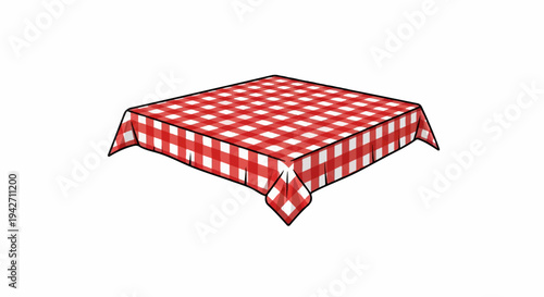 A square table covered with a red and white checkered tablecloth