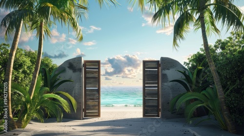 Open wooden gate revealing a tropical beach paradise with palm trees and ocean views