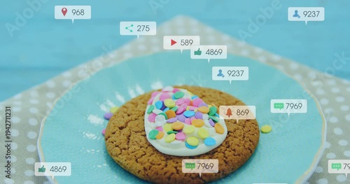 Cookie on plate getting flanked by animated social icons appearing from edges to show engagement