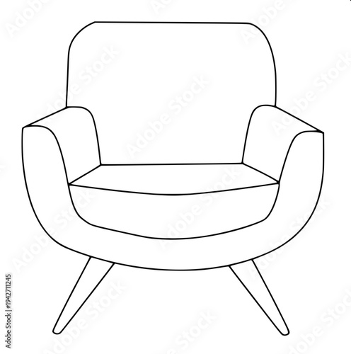 “Detailed black ink line illustration of a racing style gaming chair with headrest holes, curved back support, armrests and five wheel base, symmetrical front view, vector outline style.”
