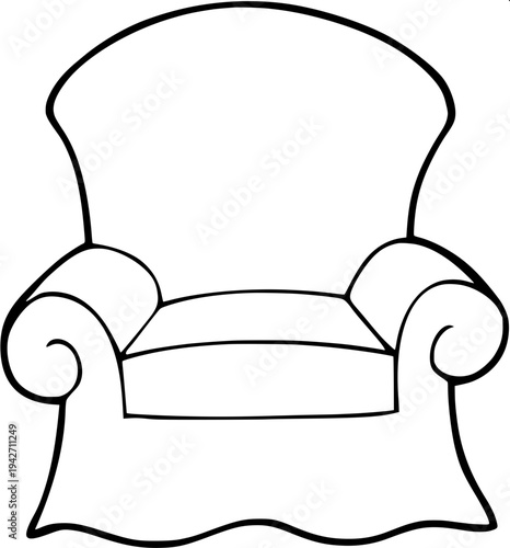 “Detailed black ink line illustration of a racing style gaming chair with headrest holes, curved back support, armrests and five wheel base, symmetrical front view, vector outline style.”