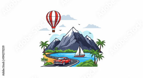 Scenic journey with vintage car, sailboat, balloon, mountains and palms