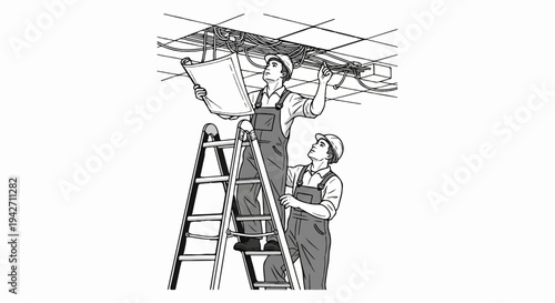 Two electricians consult blueprints while working on ceiling wiring