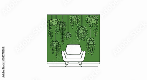 A white armchair sits before a wall adorned with hanging green plants