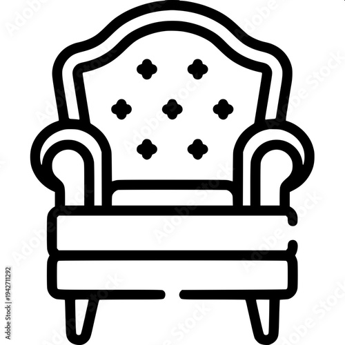 “Detailed black ink line illustration of a racing style gaming chair with headrest holes, curved back support, armrests and five wheel base, symmetrical front view, vector outline style.”