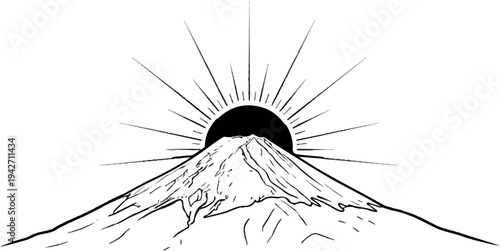 Stylized depiction of a mountain peak with sunburst rising behind it