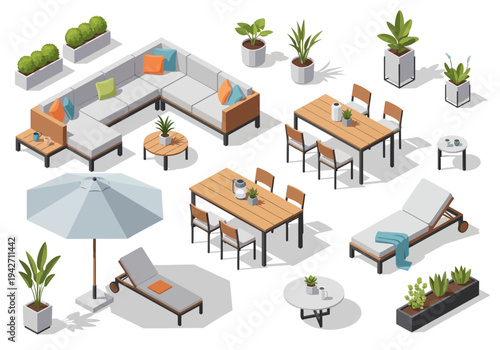 Isometric outdoor furniture and potted plants on a white background, perfect for design and decor
